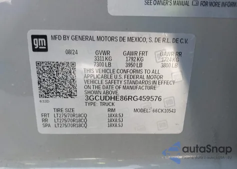 2024 Chevrolet Silverado K1500 Zr2 z USA, uszkodzony, nr VIN 3GCUDHE86RG459576